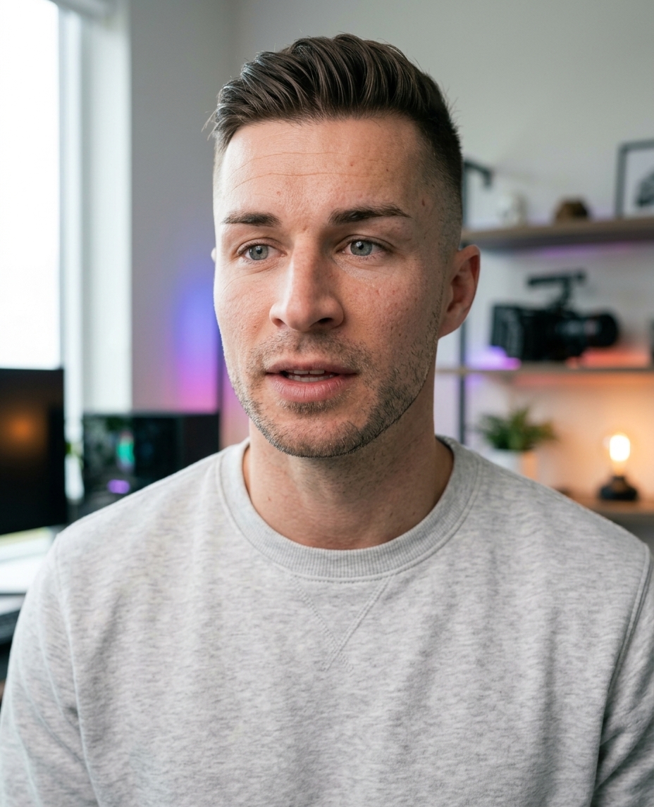Digital twin scene showing the same founder face in a creator desk setup