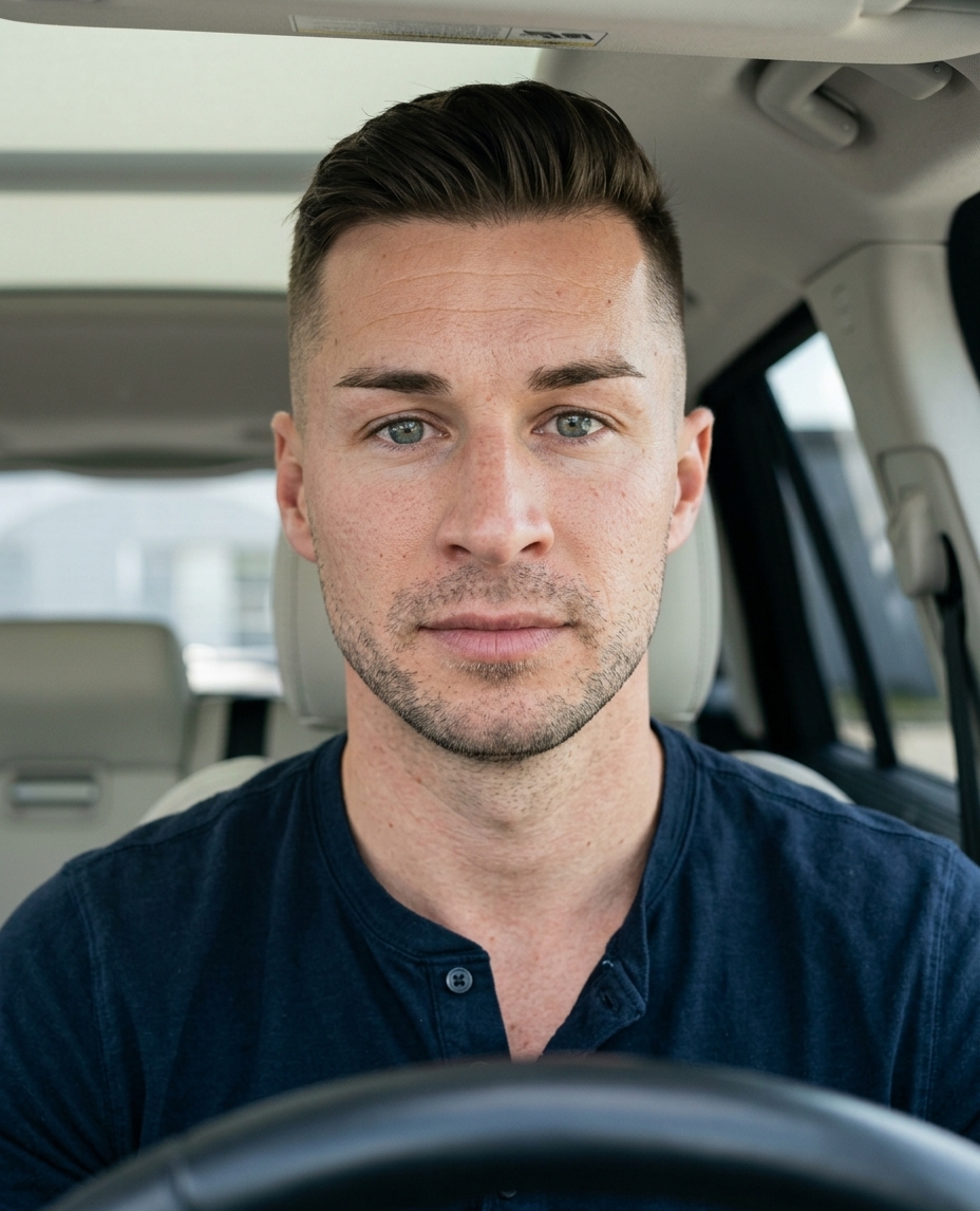 Digital twin scene showing the same founder face inside a car