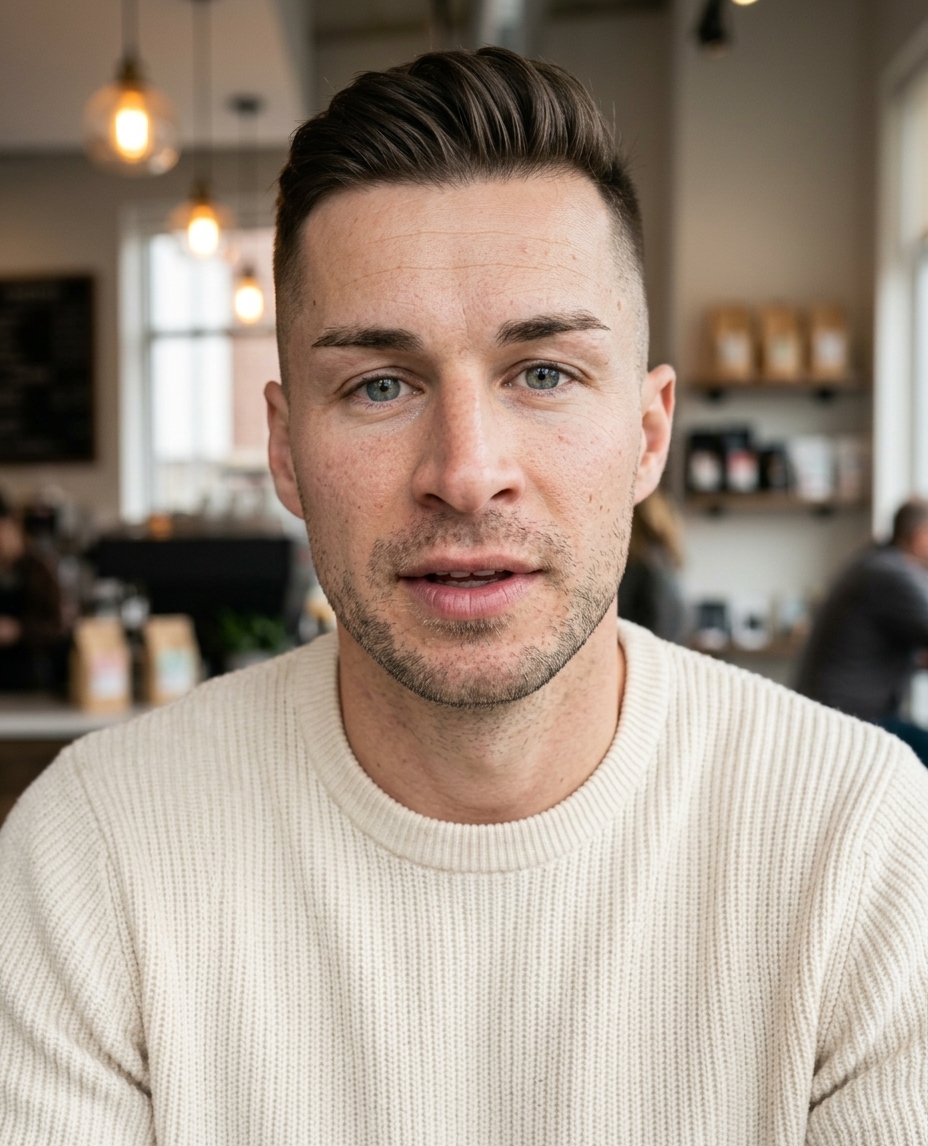 Digital twin scene showing the same founder face in a cafe