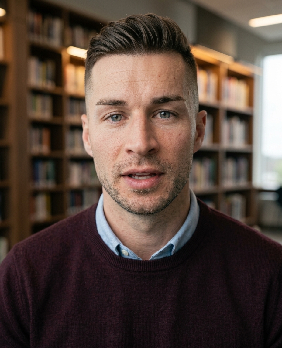 Digital twin scene showing the same founder face in a library