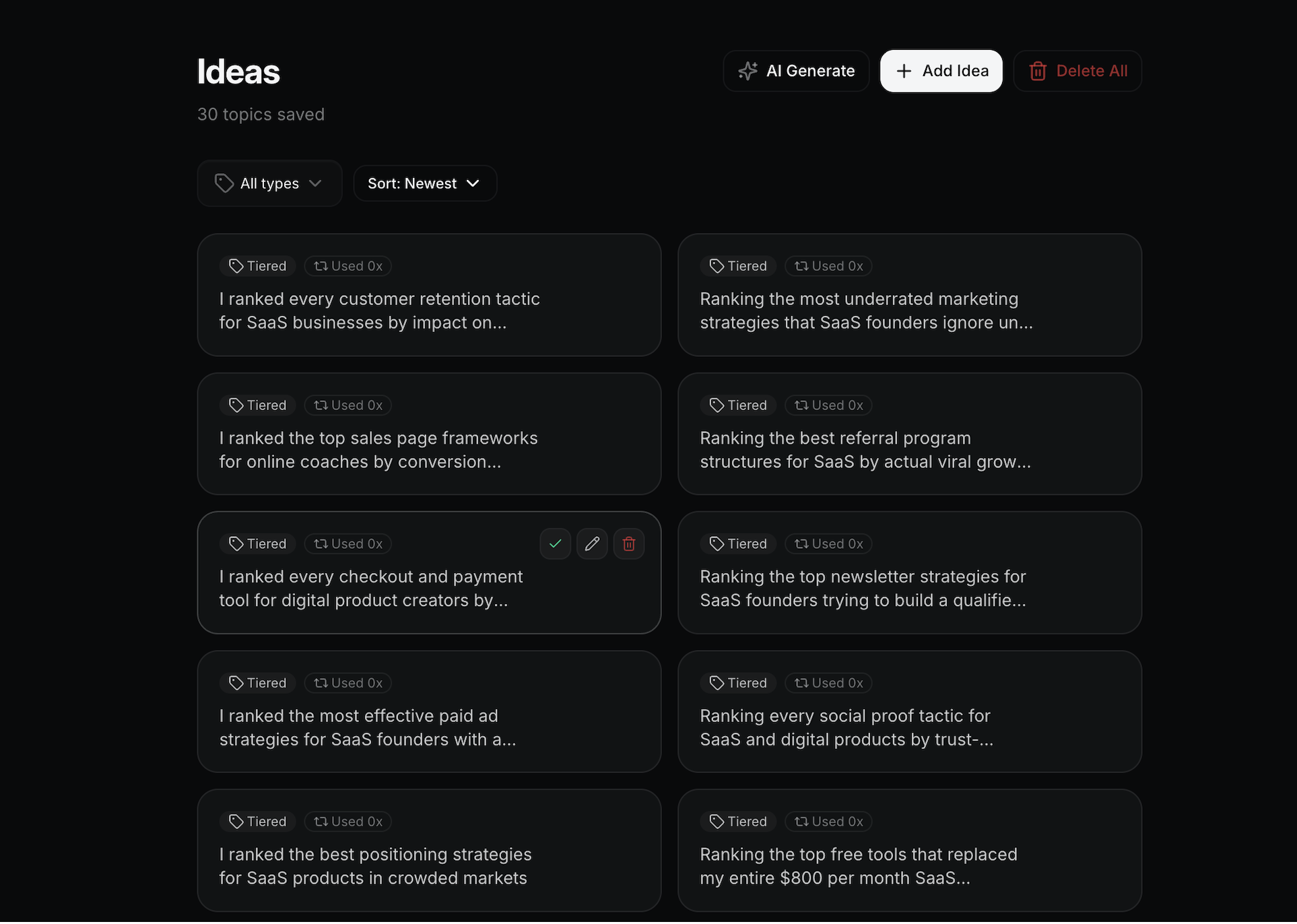 RankReels ideas list with saved ranking topics