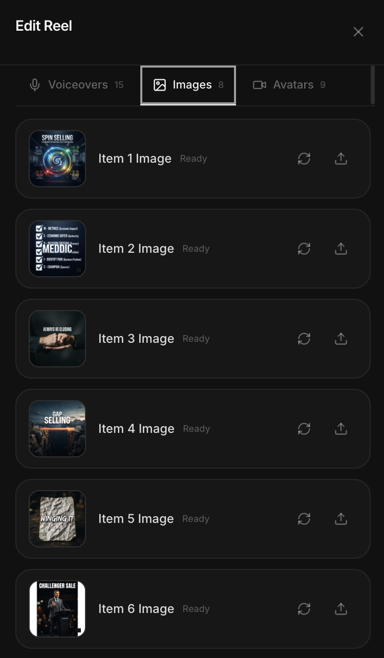 RankReels edit reel images panel