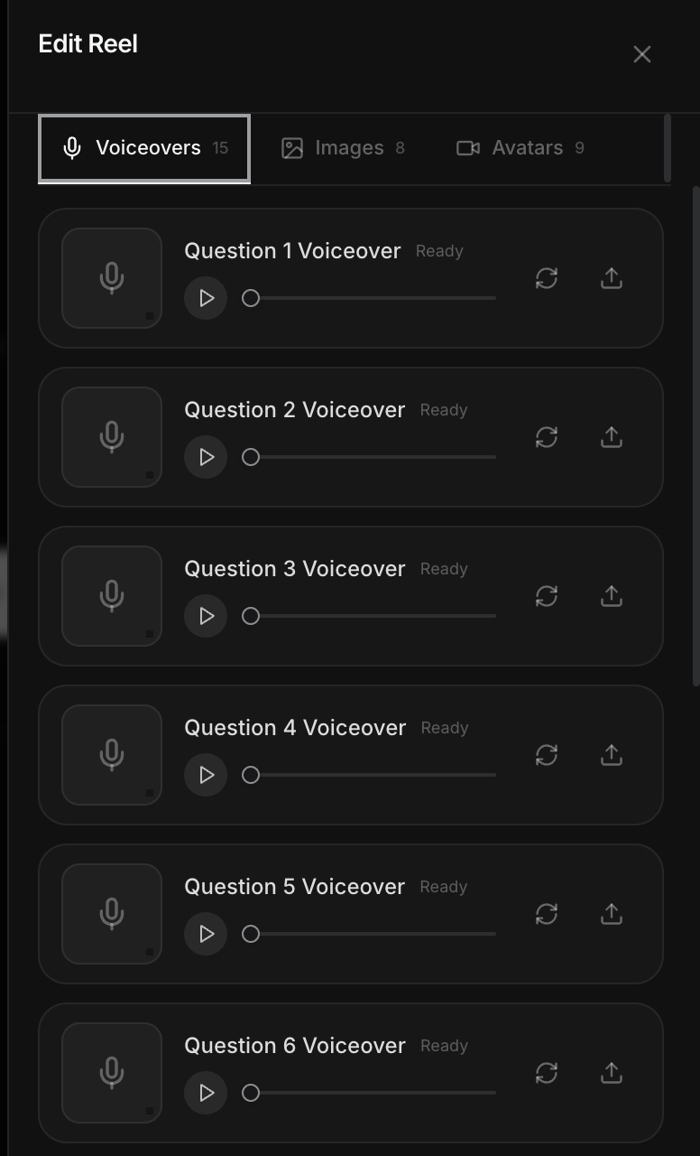 RankReels edit reel voiceover panel