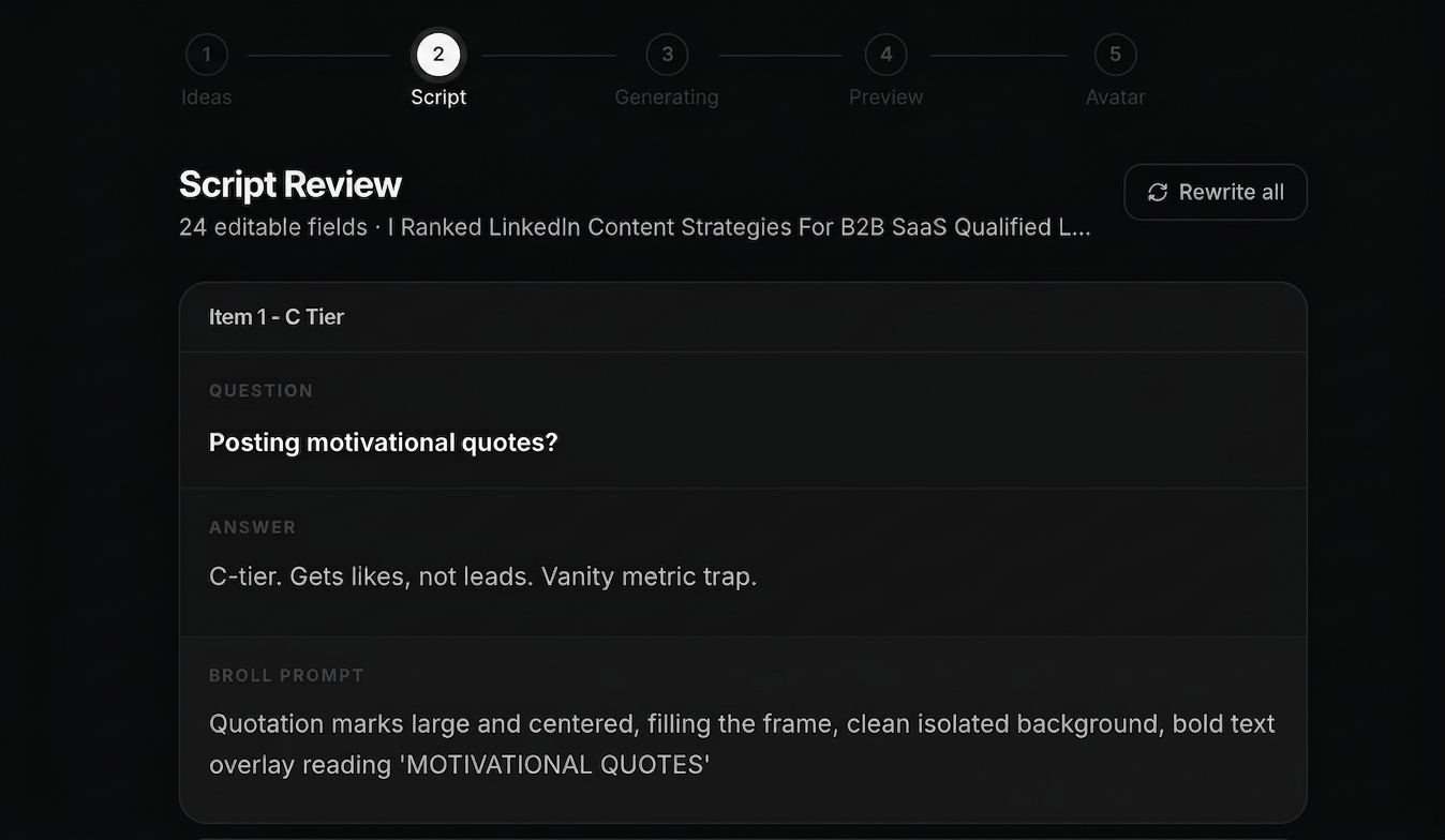 RankReels script review with editable ranking fields