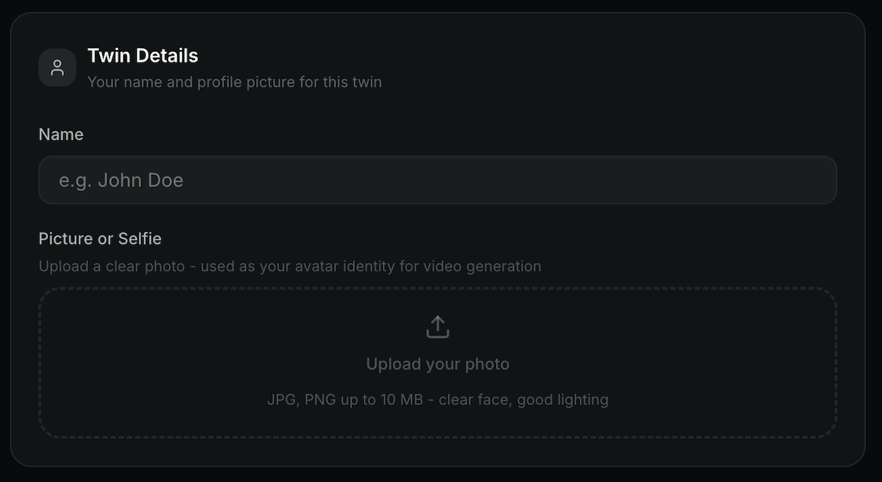 Twin Details upload form for creating a digital twin